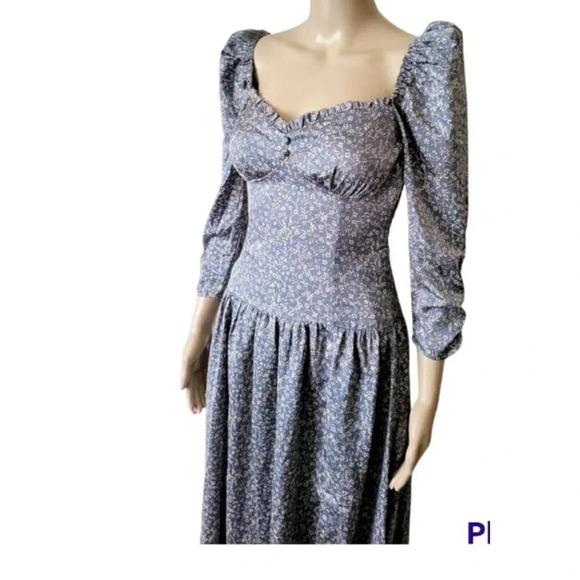 Aster The Label Blue Floral Dress Puff Sleeve Sweetheart Neck MIDI size XS - Picture 3 of 11